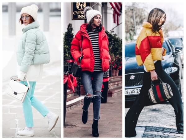 Women's short puffer jacket, short down parka with beanie for winter season