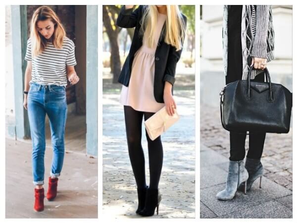 Women striped top, pink dress, black tights and blazer outfit with low boots with heels for winter season