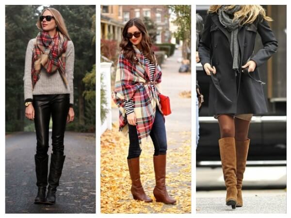 Women's black and brown boots on a small heels with oversized blanket scarf and jacket
