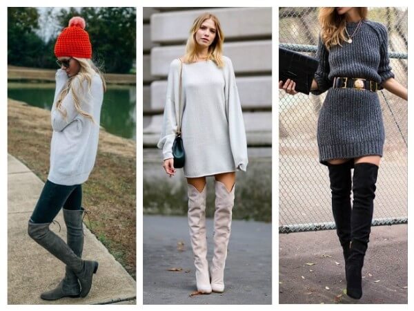Women's white and blue sweater dress with over the knee black and nude boots for winter season