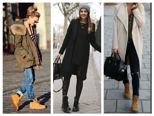 Stylish women parka, long coats with blue and black jeans with black, brown flat heel boots for winter season