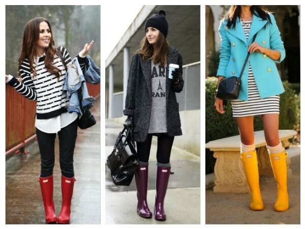 Women's cute outfit ideas with red purple and yellow rain boots for rainy season