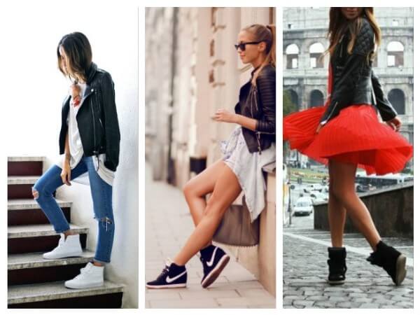 Women sports style with high sneakers combined with sweater, cardigan, sweatshirt for any occasion