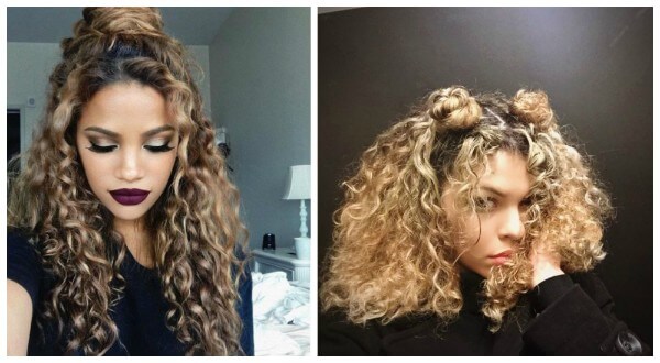 Bun on the top & Space buns or double buns hairstyle for long or medium curly hairs