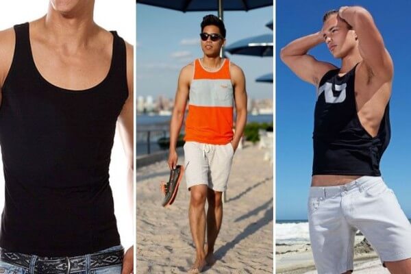 Men's black and orange sleeveless vest with shorts beach outfit ideas 