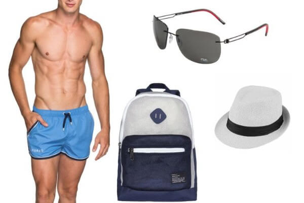 Men's beach bow, swimmers, headpiece, sunglasses, bag