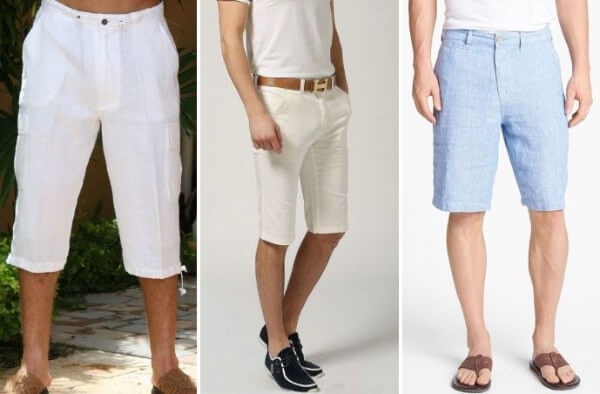 Men's white and light blue bermuda shorts with brown belt and shoes