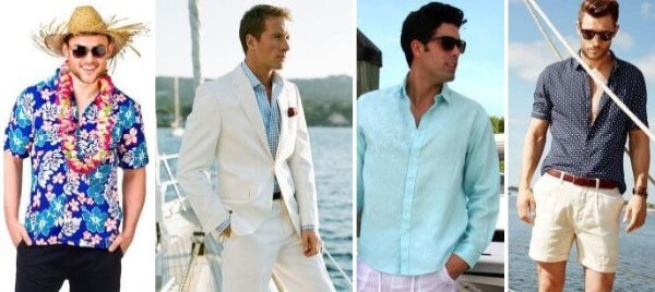 Men's beach outfits ideas, white suit light blue, navy blue shirt for beach