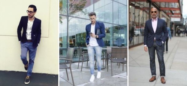 Men's light blue jeans combination with blazer for casual and office look