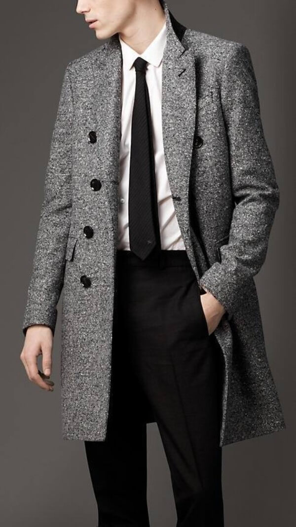 Men's grey wool chesterfield long coat for winter season