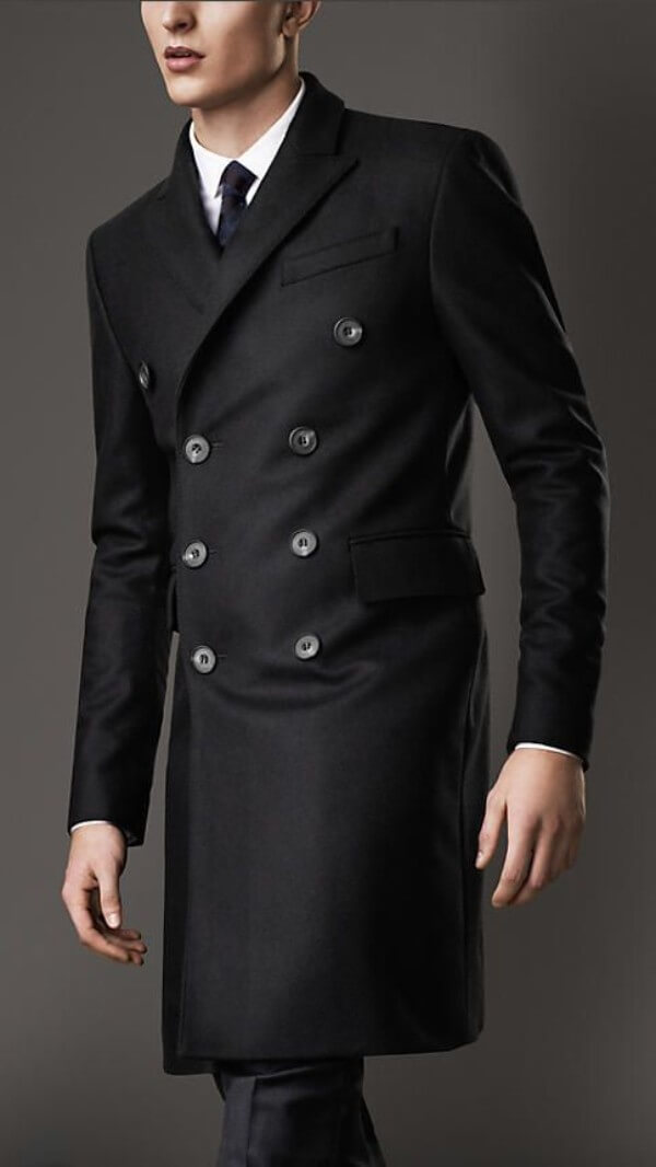 Men's casual black double breasted long coat for winter season