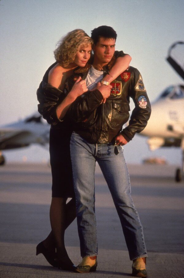 Tom cruise in aviator jacket and Kelly McGillis in top gun