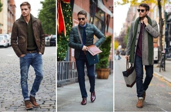 Winter outfits for men, an oversized coat, puffer and brown jacket paired with brown shoes and jeans