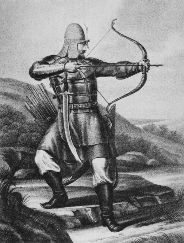 Medieval russian archer wearing boots in ancient Russia