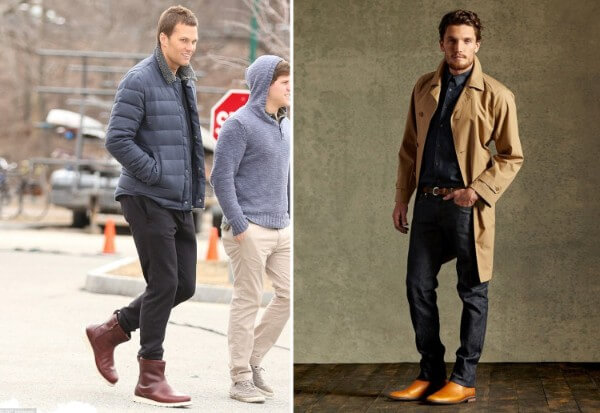 Tom Brady, men's cowboy brown boots with brown and blue jacket for winter season