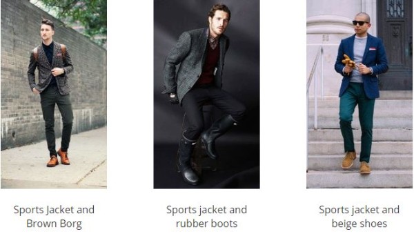 Men's sports jacket and jeans with brown brogues, rubber boots and beige shoes for casual winter season