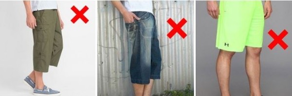 Men's Capri Shorts, denim breeches & too bright shorts for summer or beach wear should be avoided
