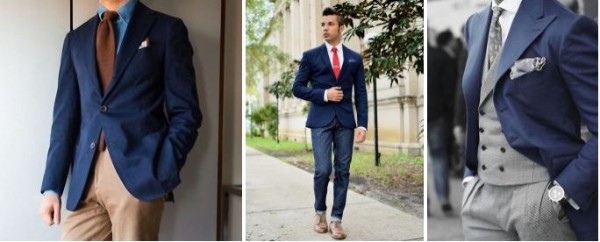 Men's navy blue suit style with beige and grey trousers for office look