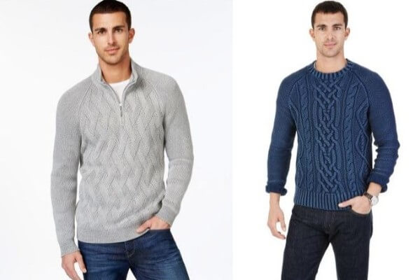 Men's grey half chain and blue knit crew neck sweater for winter season