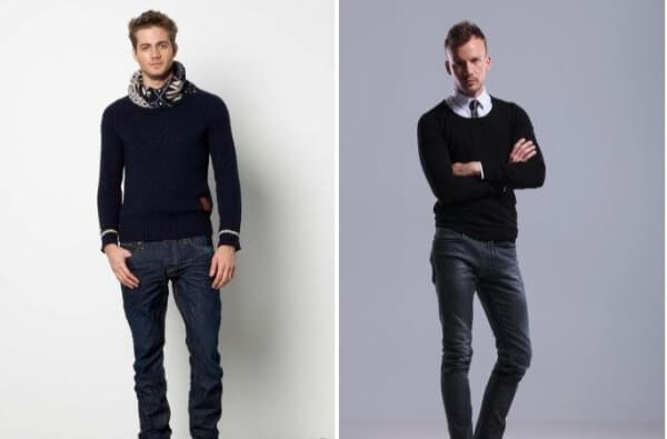 Men's black and blue round neck sweater with blue jeans for winter season