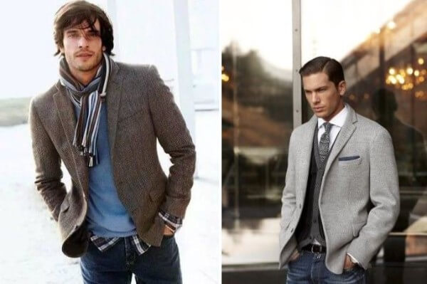 Men's grey knit blazer with blue and dark grey vest and jeans for any occasion