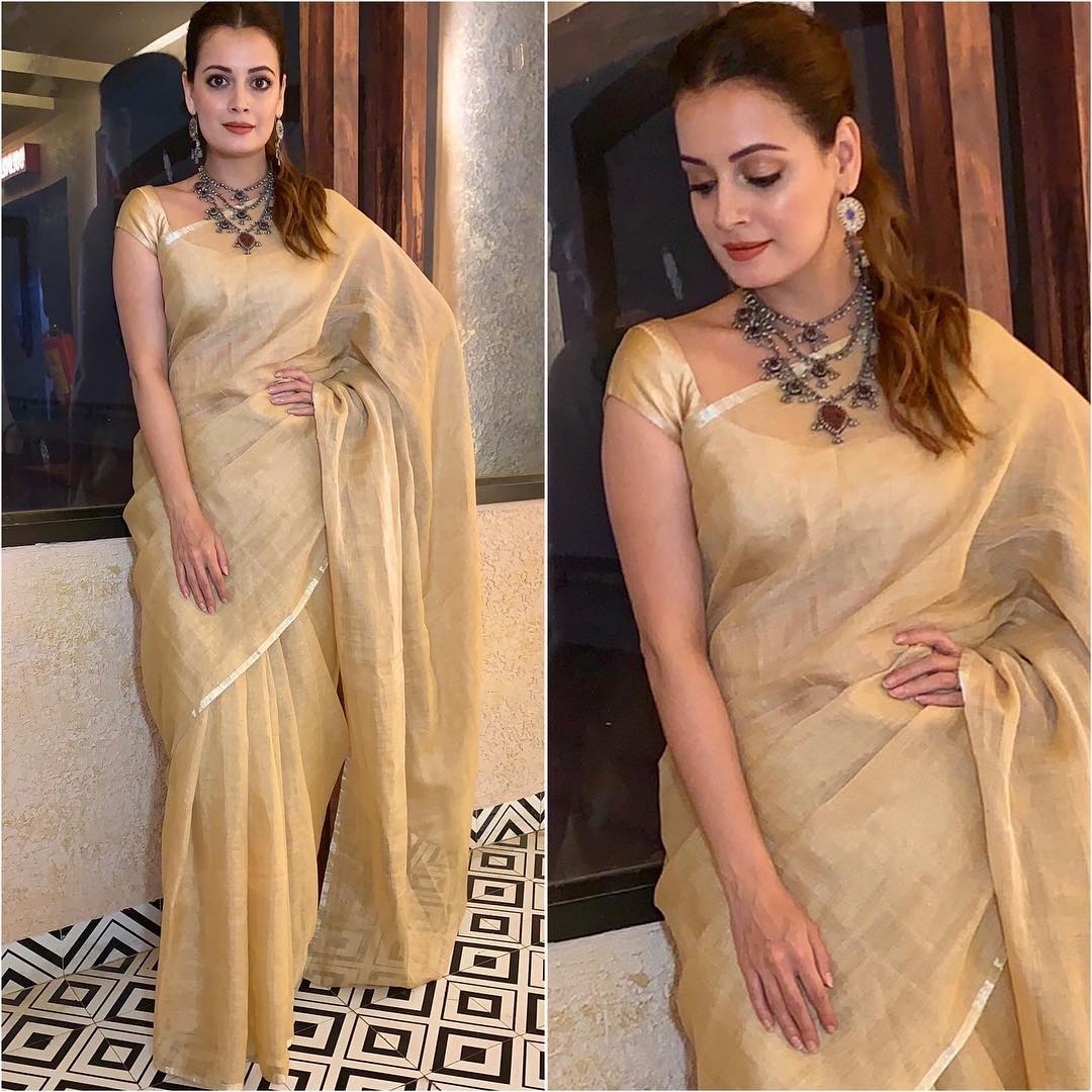 Diya Mirza in beige saree: Latest Bollywood Designer Sarees for Elegant Look