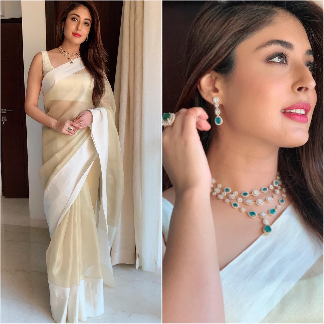 Kritika Kamra in ivory and gold saree: Latest Bollywood Designer Sarees for Elegant Look