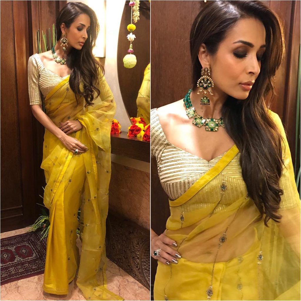 Malaika Arora in yellow saree with green jewelry - K4 Fashion