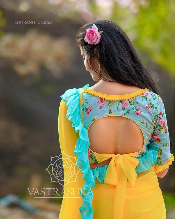 Fancy frilled and bow tied blouse Fancy Saree Blouse Back Neck Designs for Indian Women