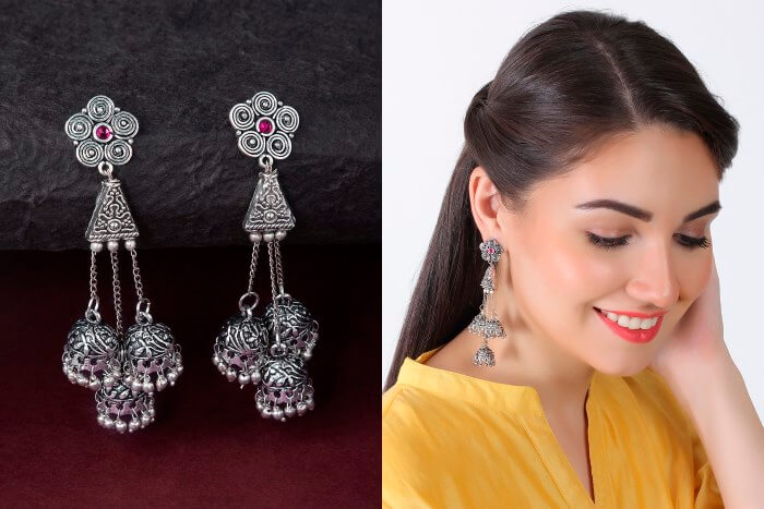 Chandelier style silver plated earrings Bridal Floral Bun Hairstyles for Wedding Day