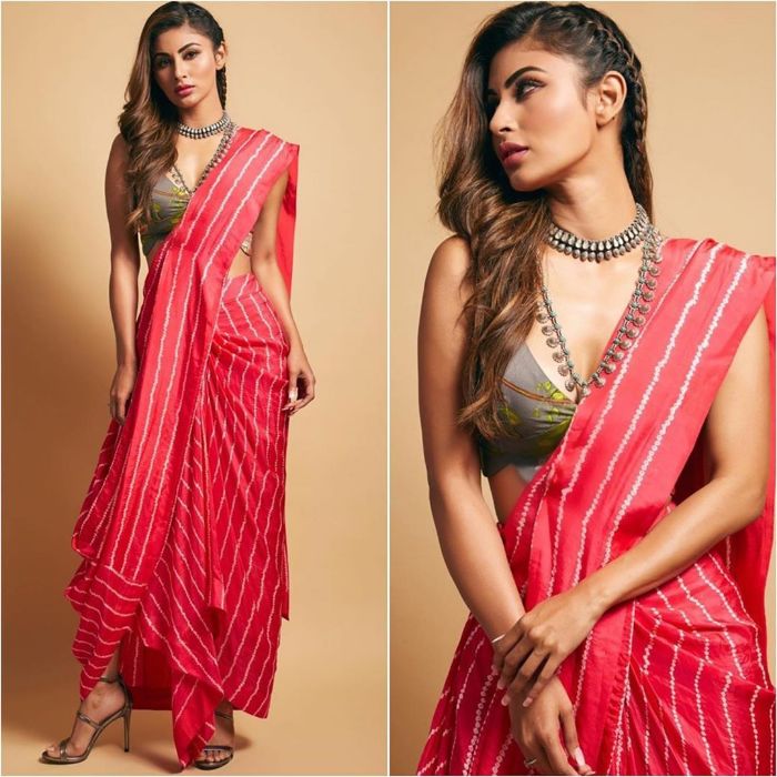 Mouni Roy draped Unique assymetric saree Mouni Roy Dresses that are Perfect for Bridesmaids