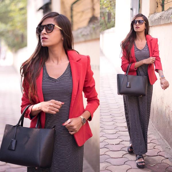 Rajni khaitan red formal jacket from max  slaying with hm footwear and a Zara bag