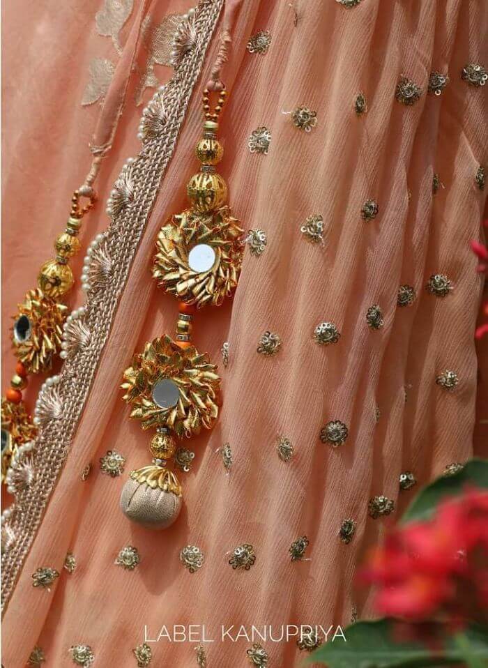 Mirror & golden gotta border adorned tassel latkan bridemaids lehenga