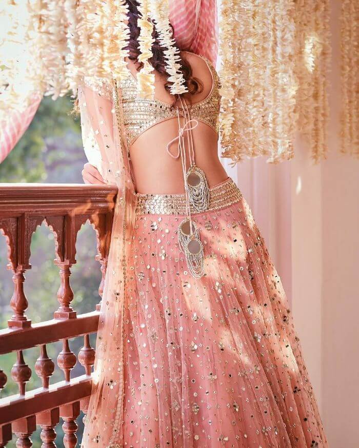 Mirror & pearls laden latkan designs for blouse light pink lehenga