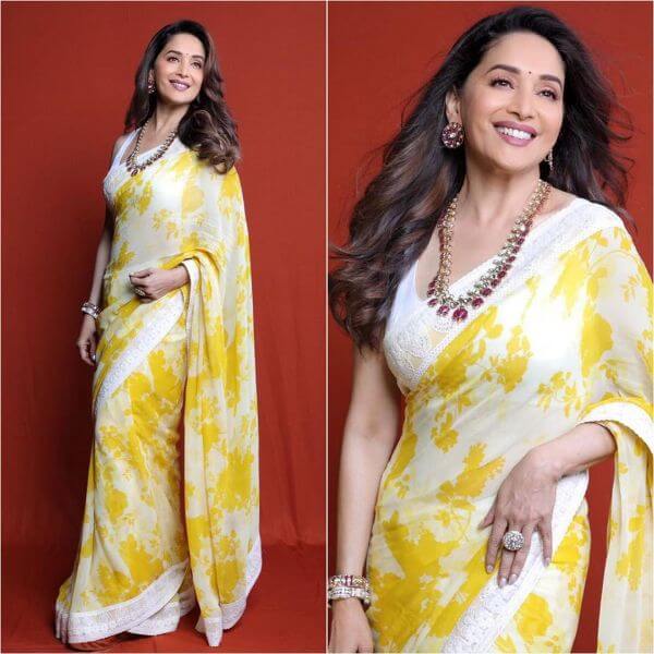 Yellow printed Saree design for College farewell