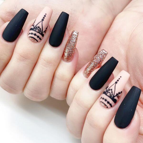 Pure black matte with peach and brown glitter shades nail art Matte Nail Art Designs - Nail Polish Ideas for Stylish Look