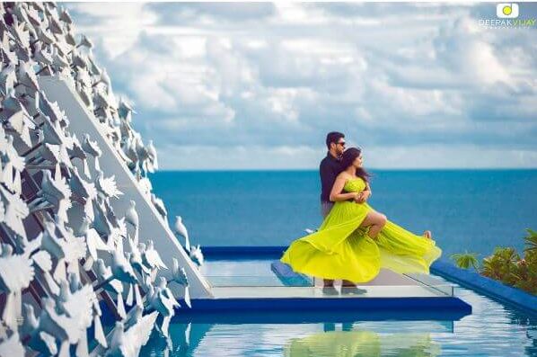 The blues and the fuchsia green dress pre-wedding photoshoot Pre-wedding Photoshoot Ideas for Indian Couple