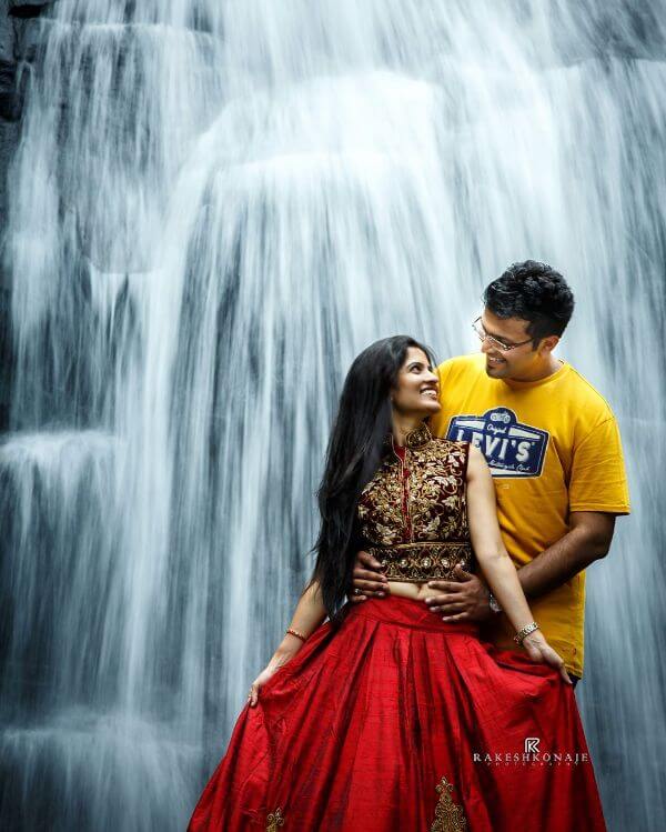 Waterfall background pre-wedding photoshoot Pre-wedding Photoshoot Ideas for Indian Couple