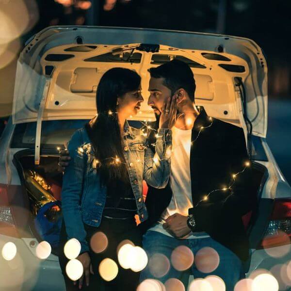 Fairy lights Evening romance pre-wedding photoshoot for couples Pre-wedding Photoshoot Ideas for Indian Couple
