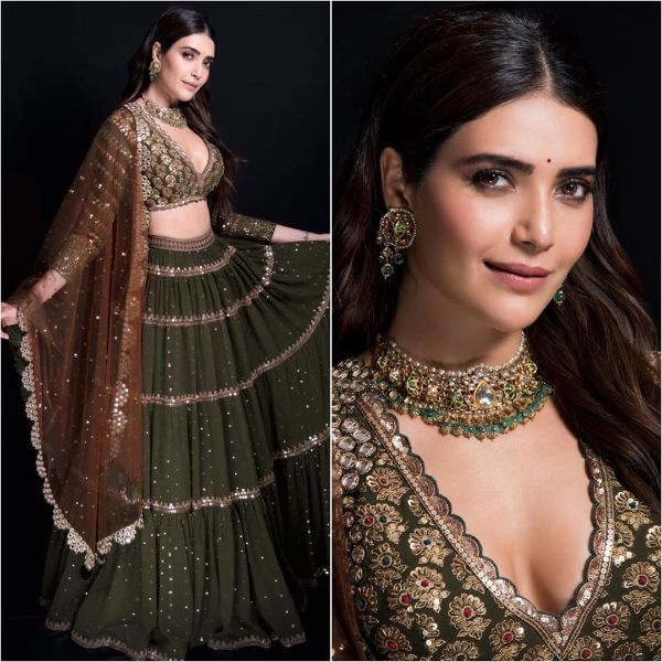 Karishma Tanna's green-Brown contrast - Wedding Lehenga Choli Designs Inspired from Celebrities