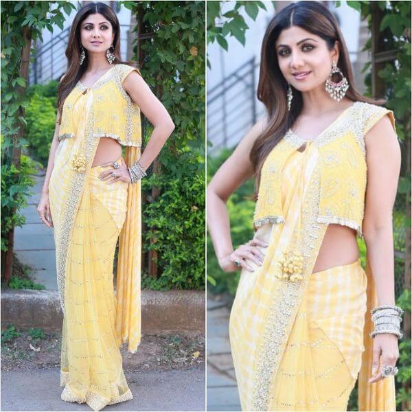 Shilpa Shetty wore yellow half printed half stoned beautiful saree
