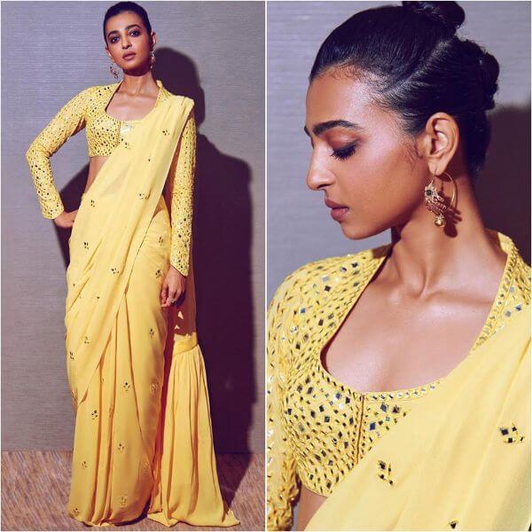 Radhika Apte full sleeve yellow blouse and saree