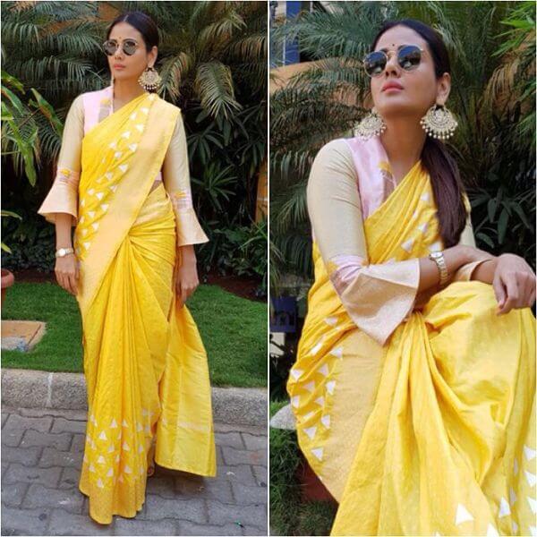  Parul Yadav’s inspiring yellow saree with pakistani sleeve pattern blouse