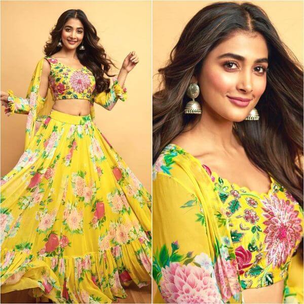 Pooja Hegde yellow flower georgette frill lehenga and crop-top with frill design