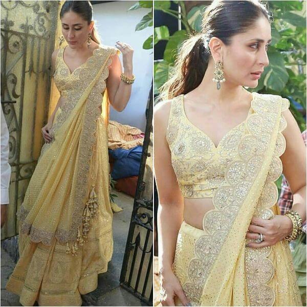 Kareena kapoor khan in this pastel yellow chikankari embroidered lehenga with a heavy chikankari dupatta