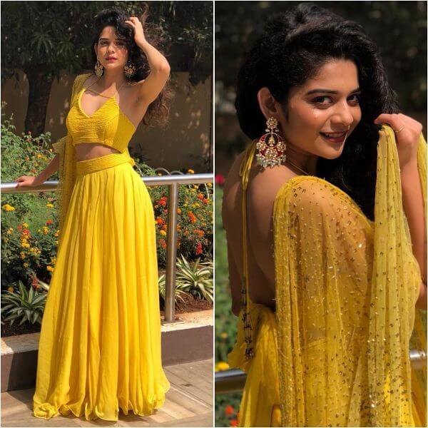 Mithila palkar's yellow and peach Embellished lehenga with a backless blouse