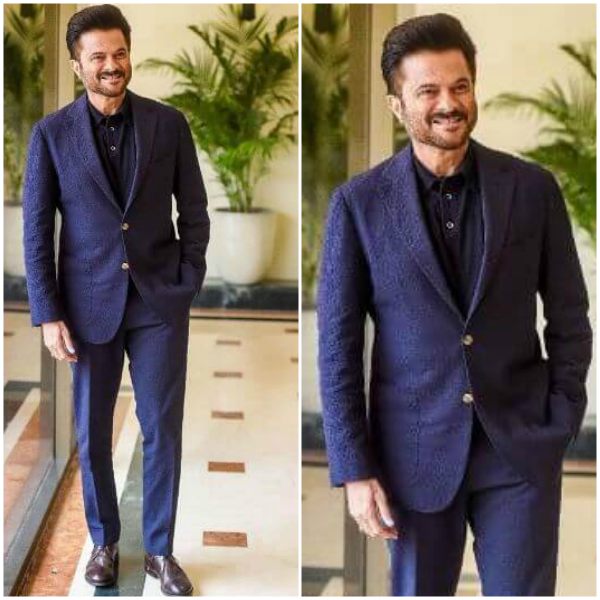 Father of the Bride Outfit Ideas Anil kapoor blue suit with black shirt and brown shoes