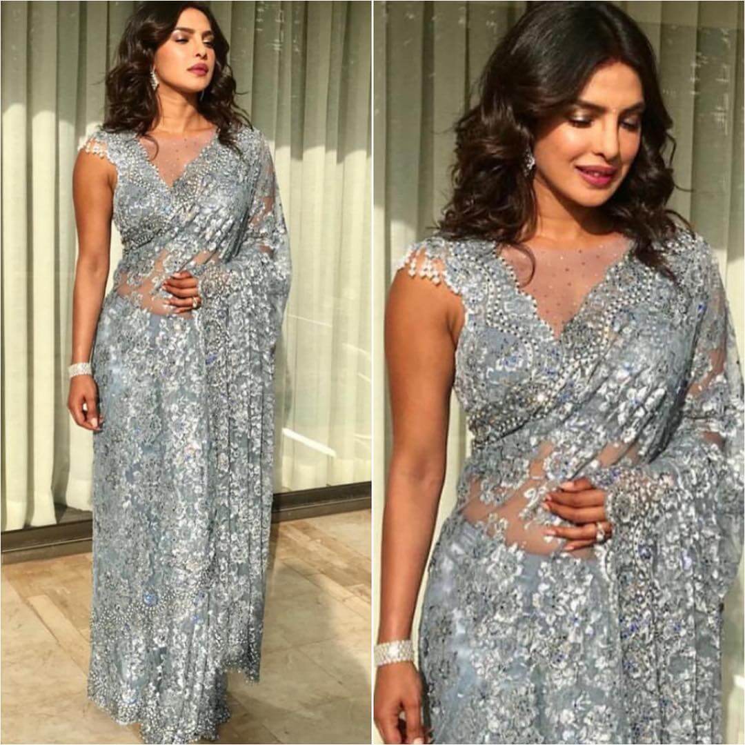 Embellished sparkly silver net saree with Blouse Design