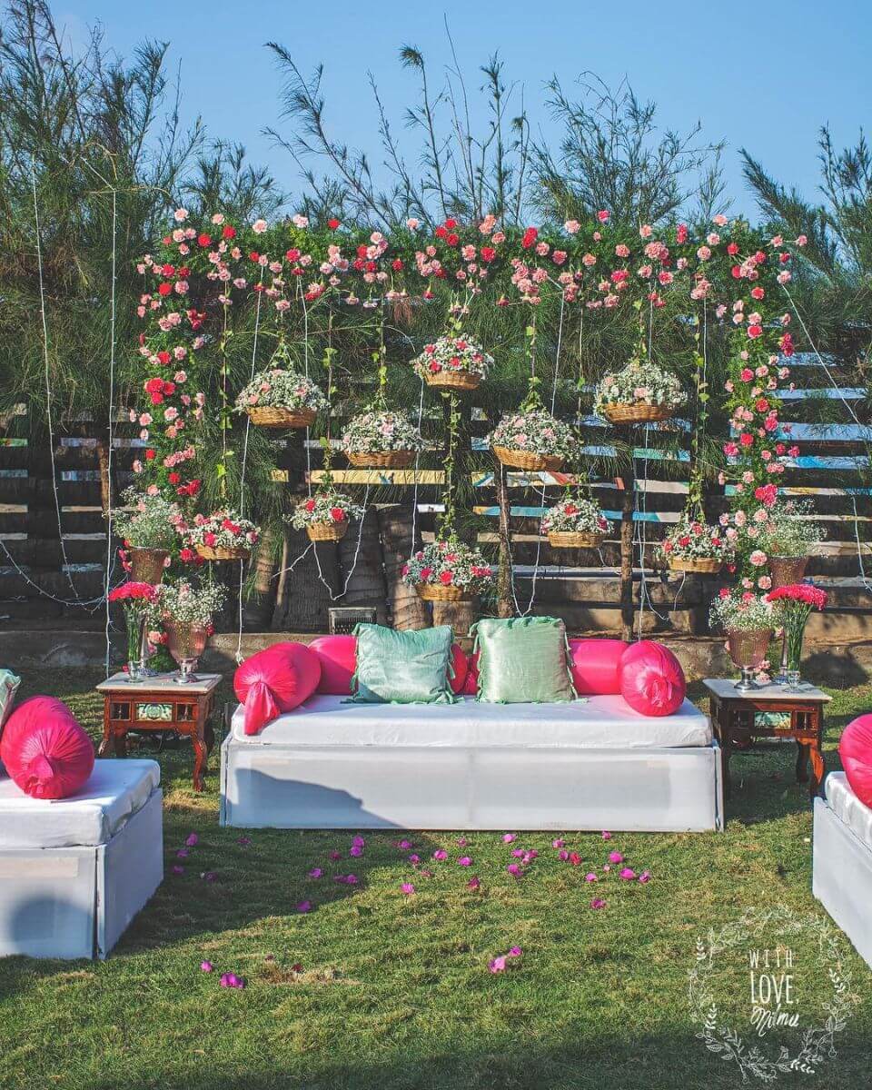 Hanging Floral basket backdrop Haldi Ceremony Decoration Ideas