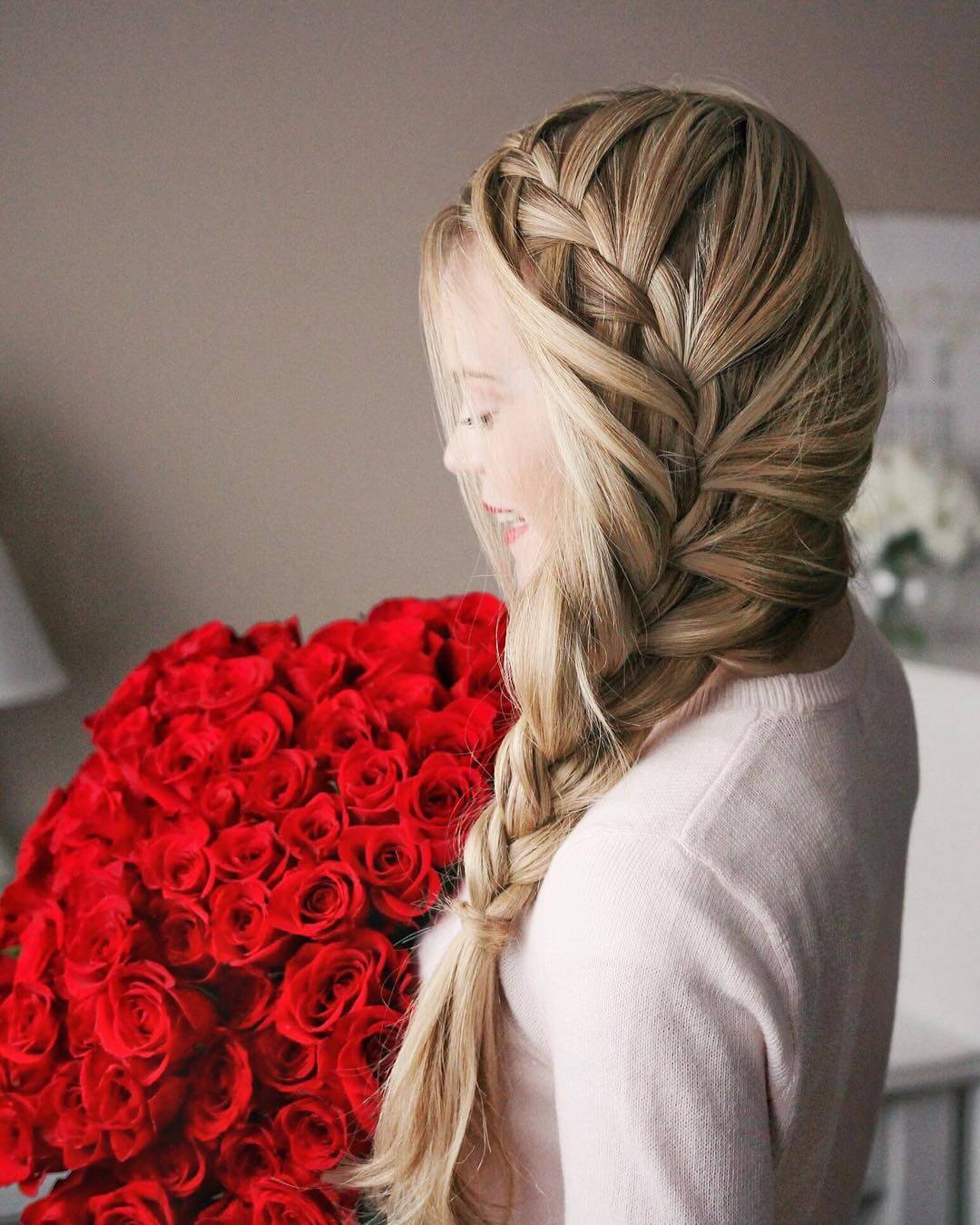 Image of Updo with braids and roses for Valentine's Day